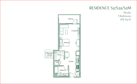 the floor plan of residence studio with a 675 square feet at The Baxter Apartments, Los Angeles, CA